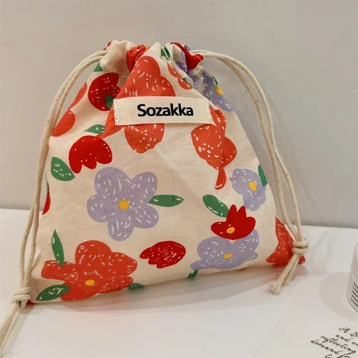 Cute Floral Drawstring Makeup Bag for Women Portable Cosmetic Organizer Pouch Candy Storage