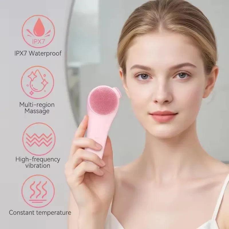 Sonic Waterproof Facial 45℃ Cleansing Brush Rechargeable Scrubber Exfoliating Vibrating Deep Clean Face Cleaner Skin Care