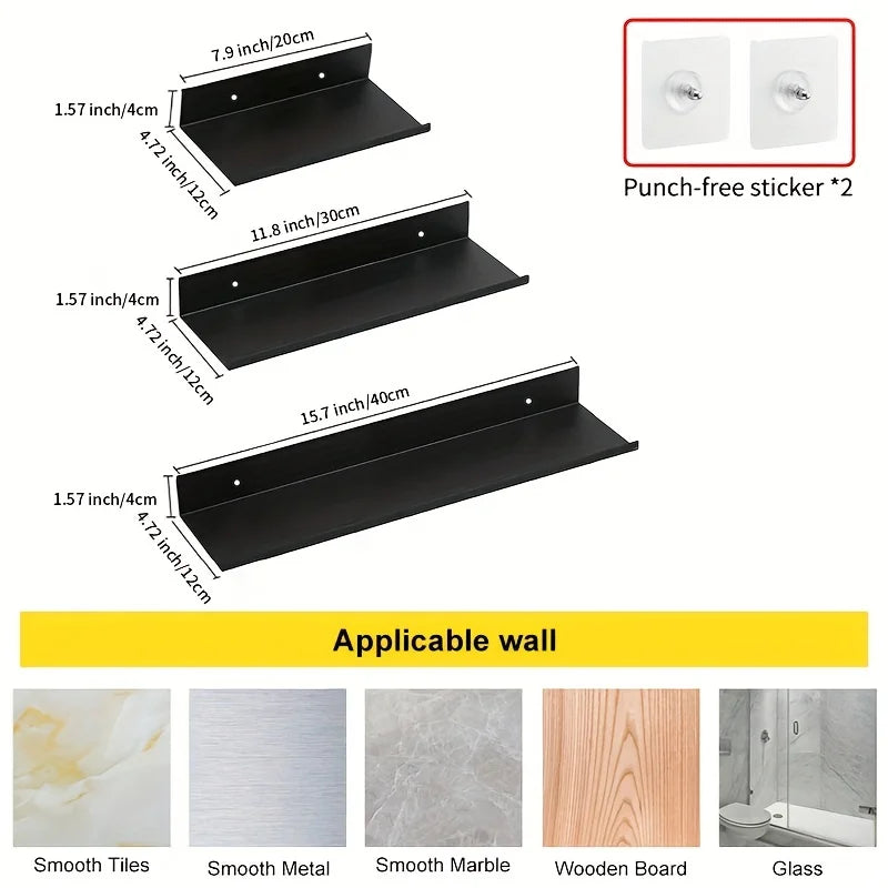 Floating Shelves Punch Free For Wall Storage Self-adhesive Rack Kitchen Home Decor Bathroom Accessorie Modern Matt Black