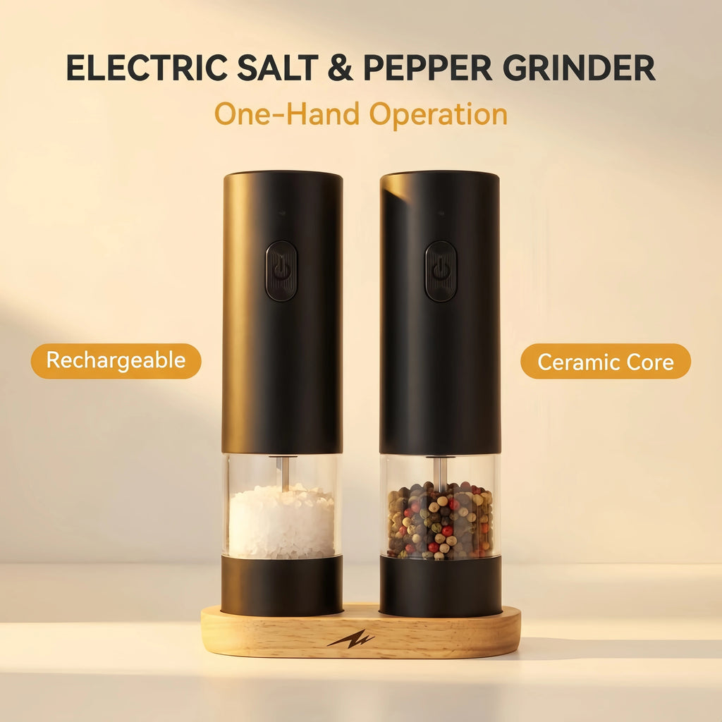 Rechargeable Electric Salt&Pepper Grinder Set with Wood Base, Automatic One‑Hand Operated Spice Mill with Adjustable Coarseness