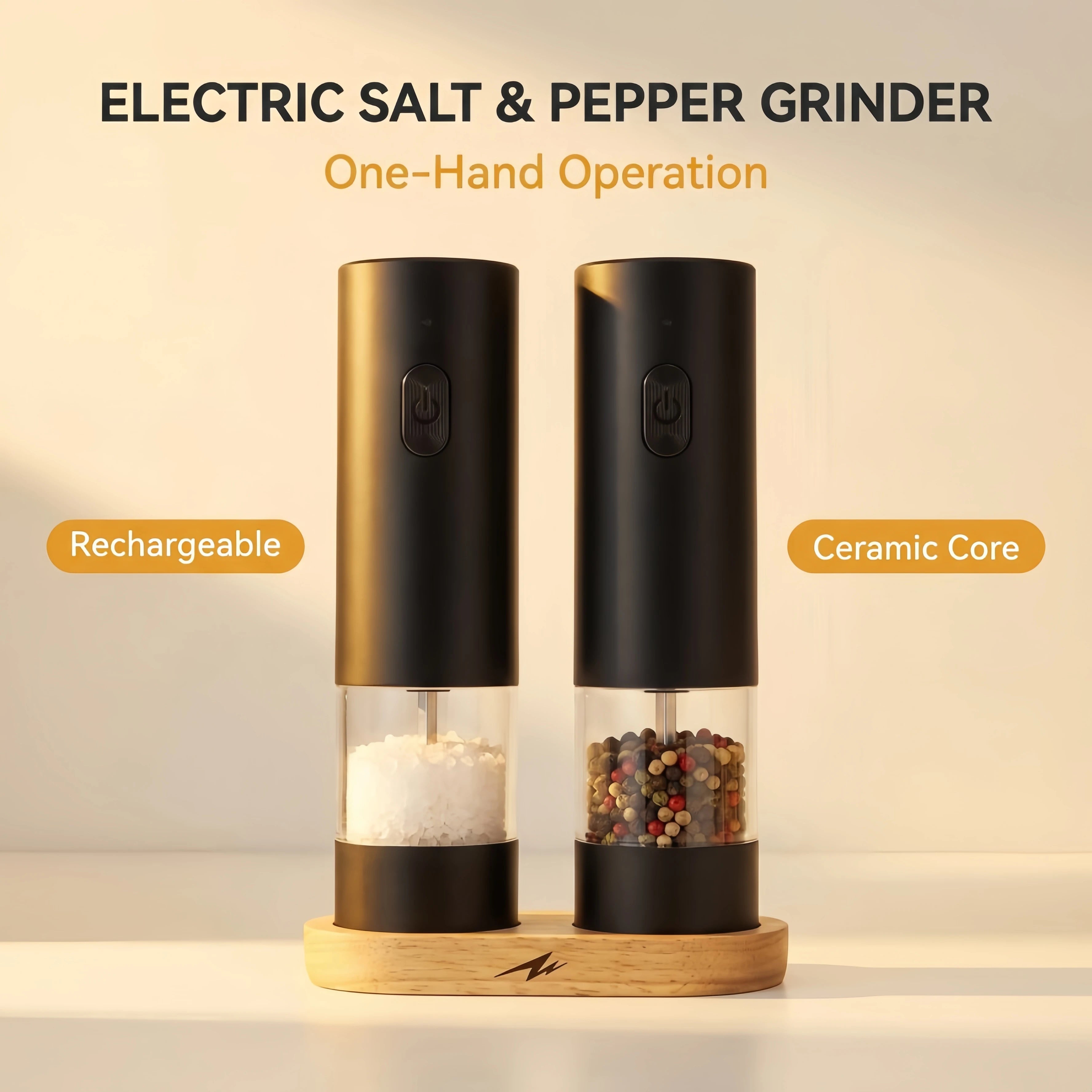 Rechargeable Electric Salt&Pepper Grinder Set with Wood Base, Automatic One‑Hand Operated Spice Mill with Adjustable Coarseness