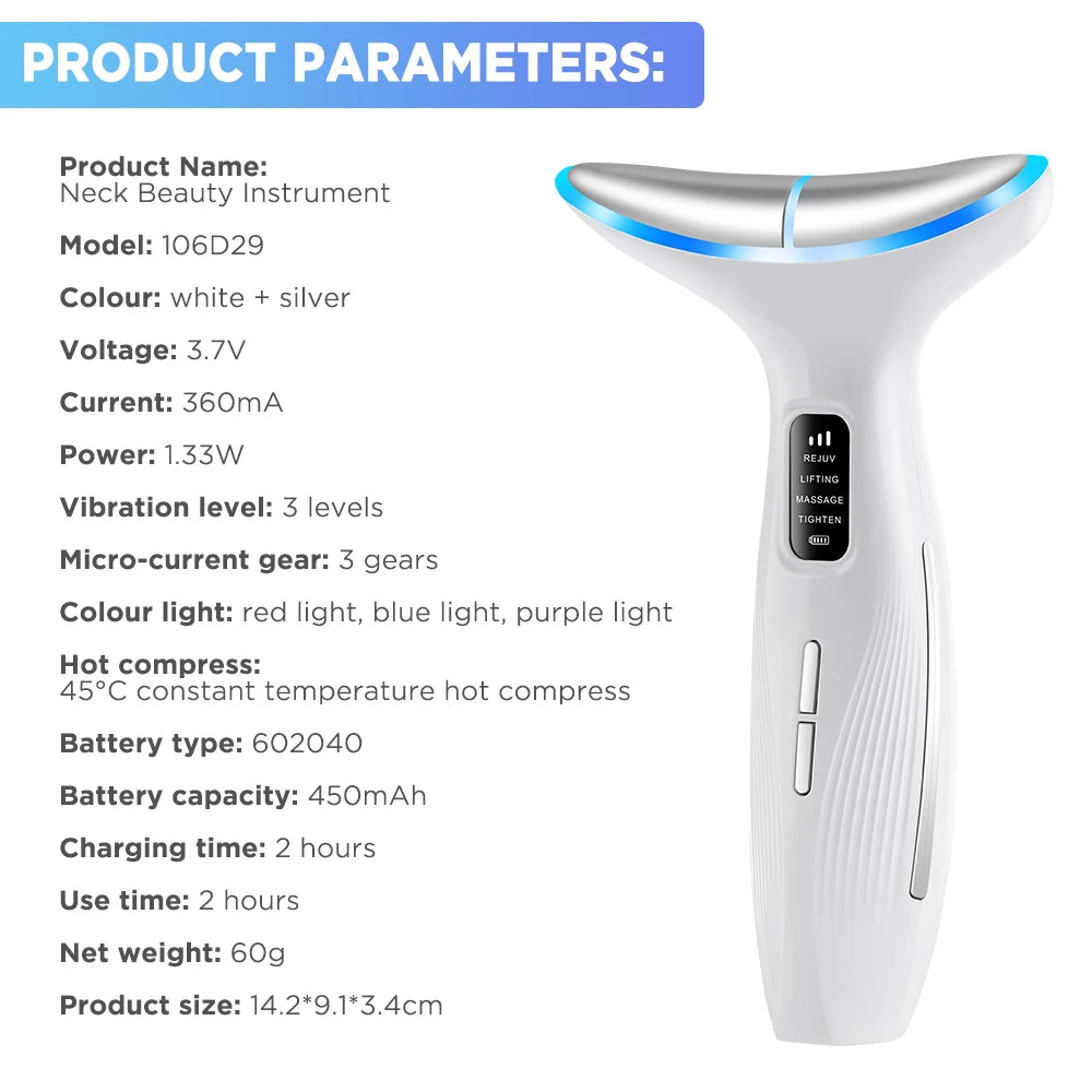 7 Colors LED Lights Face Neck Beauty Device Vibration Massage Improve Neck Lines Home Use Face Lifting Machine 7 Modes 3 Levels