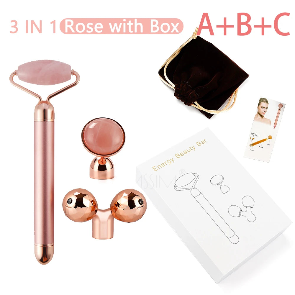 New Electric Vibrating Jade Roller Massager For Slimming Face Lifting Rose Quartz 3D Roller Stone Facial Skin Care Beauty Tool