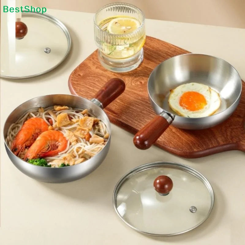 ♥Stainless Steel Cooking Pans with Wooden Handle & Glass Lid - Multi-Purpose Small Pots for Noodles/Eggs