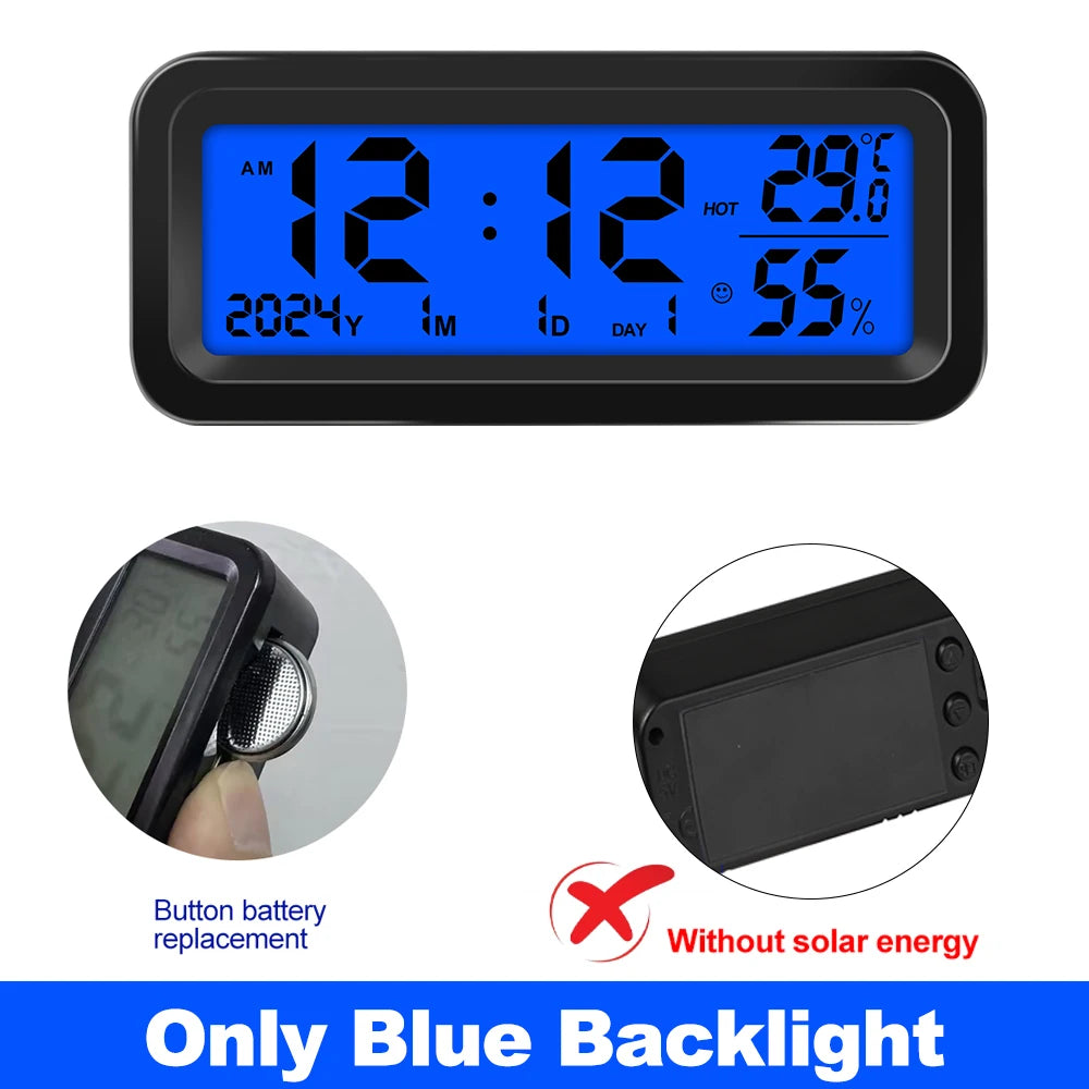 Digital Car Clock Solar/USB Powered with Date Week Temperature Humidity LCD Backlit Display Dashboard Automobile Stick-On Clock