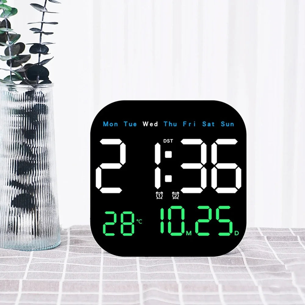 Digital Wall Clock with Remote Control, LED Alarm Clock, Temperature, Date, Week Display, Electronic Table Clock, 12 H, 24H