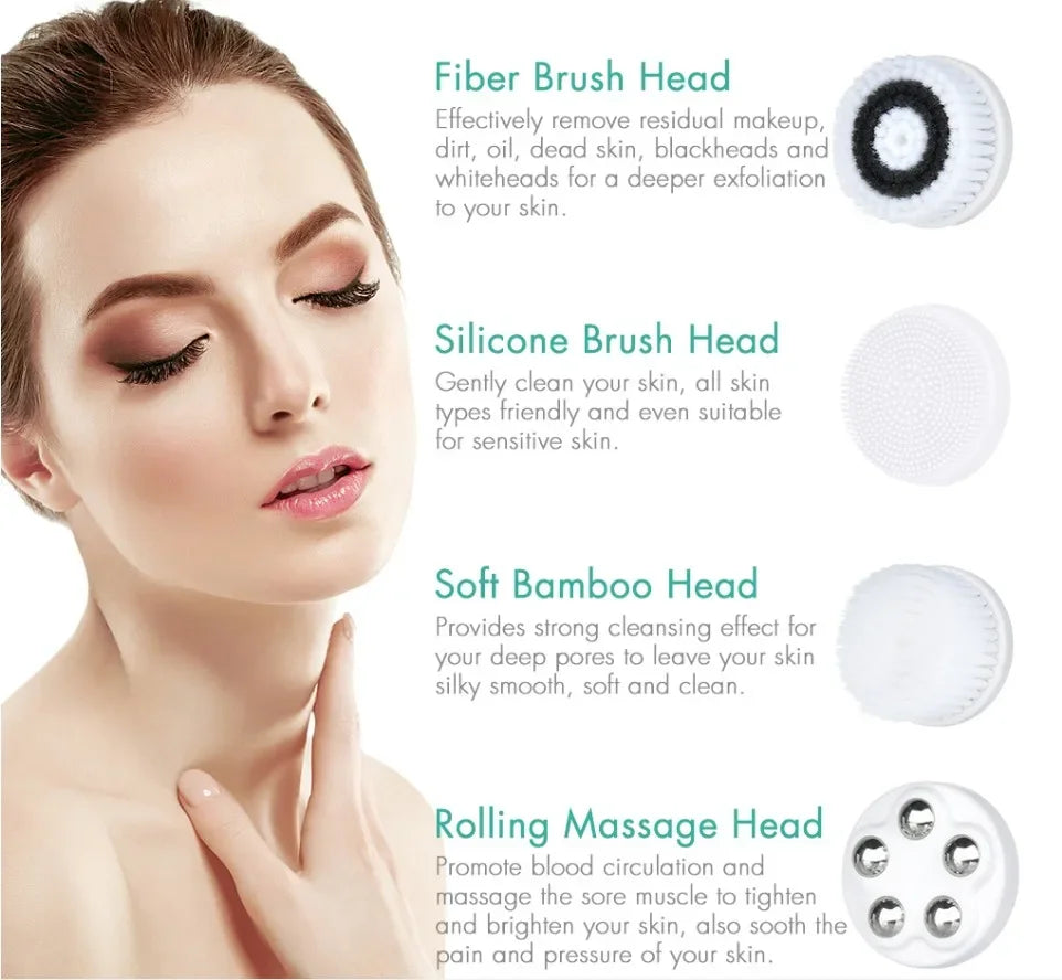 Electric Facial Cleansing Brush with 4 Face Cleaning Device 3 Modes Skincare Brush Heads Waterproof Wireless Facial Cleansing