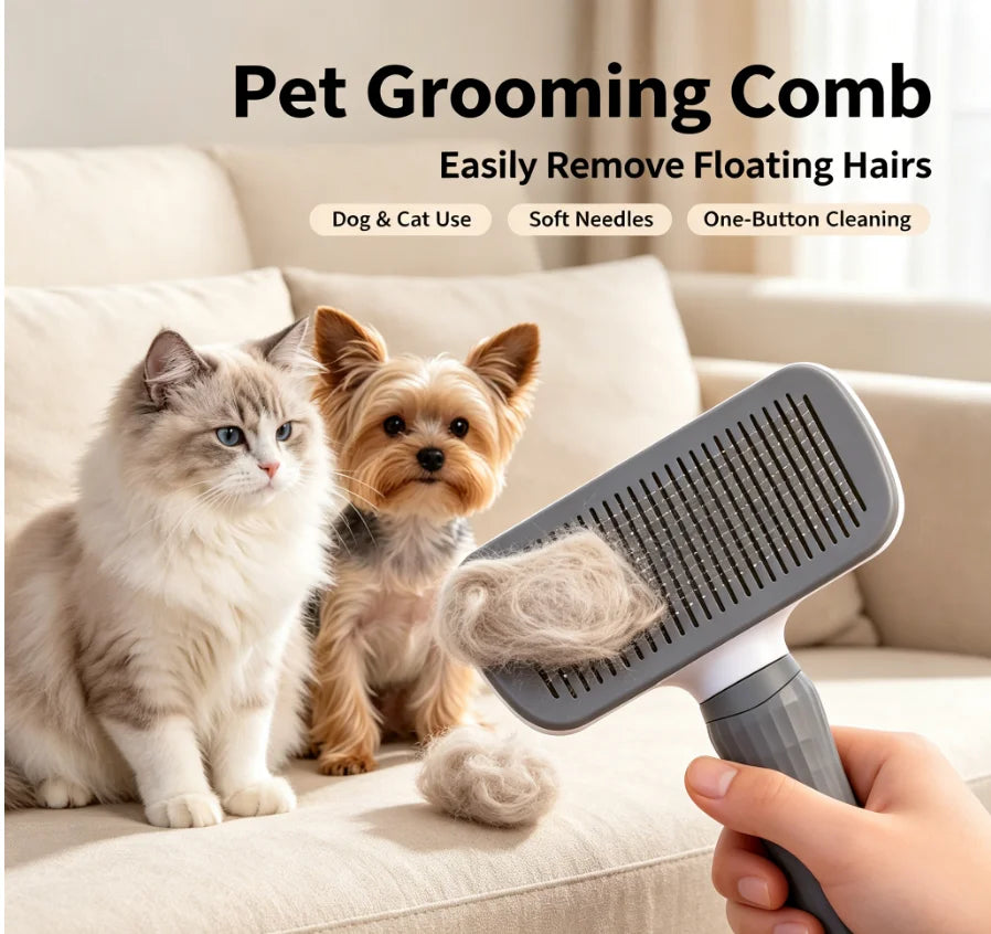 Self Cleaning Pet Slicker Brush for Cats Dogs, Hair Removal Grooming Comb, Deshedder for Long Short Hair, Square Shape
