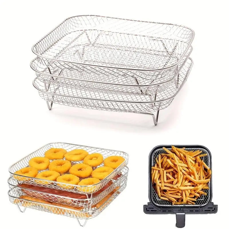 3-piece Stainless Steel Air Fryer Accessory Set - Square Fries and Grilling Rack for Kitchen Dining, Air Fryer Rack