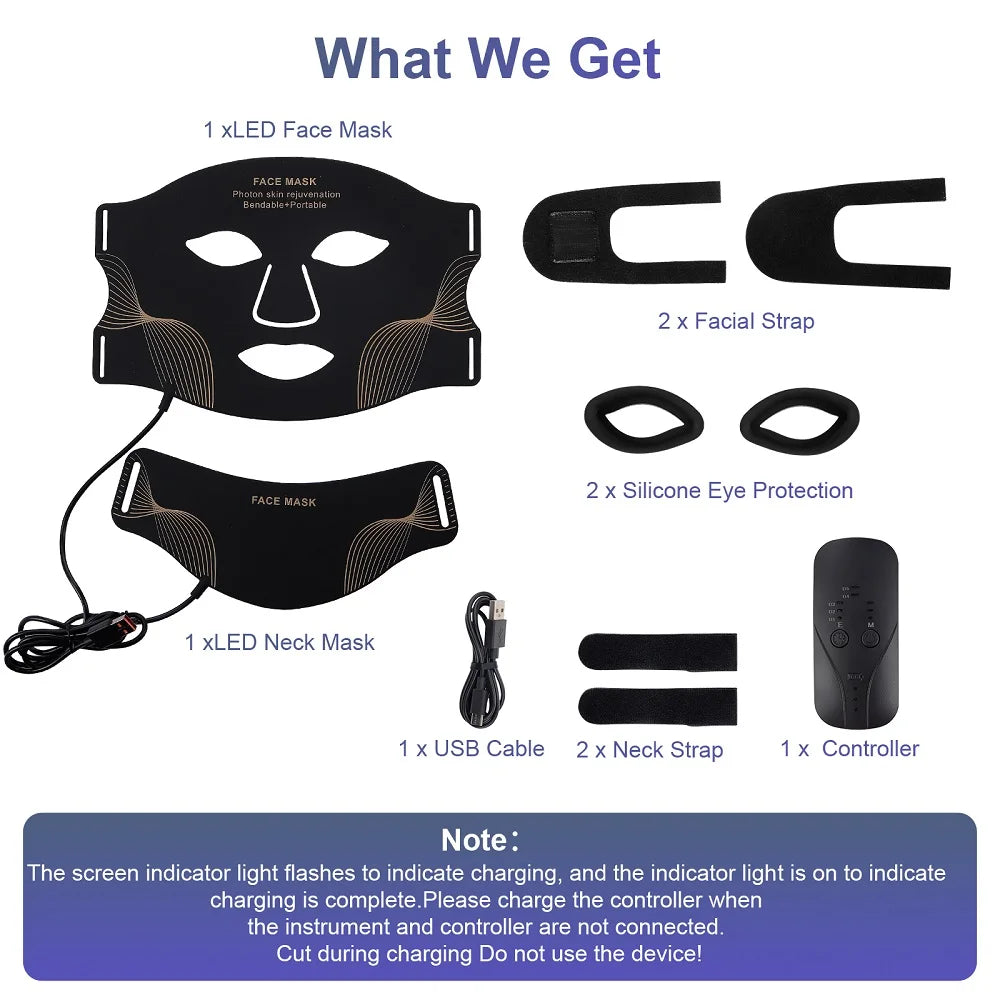 Wireless LED Face Mask with Neck 7 Colors LED Silicone Mask Photon Beauty Mask Skin Tighten Repair Skin Flexible Facial Mask