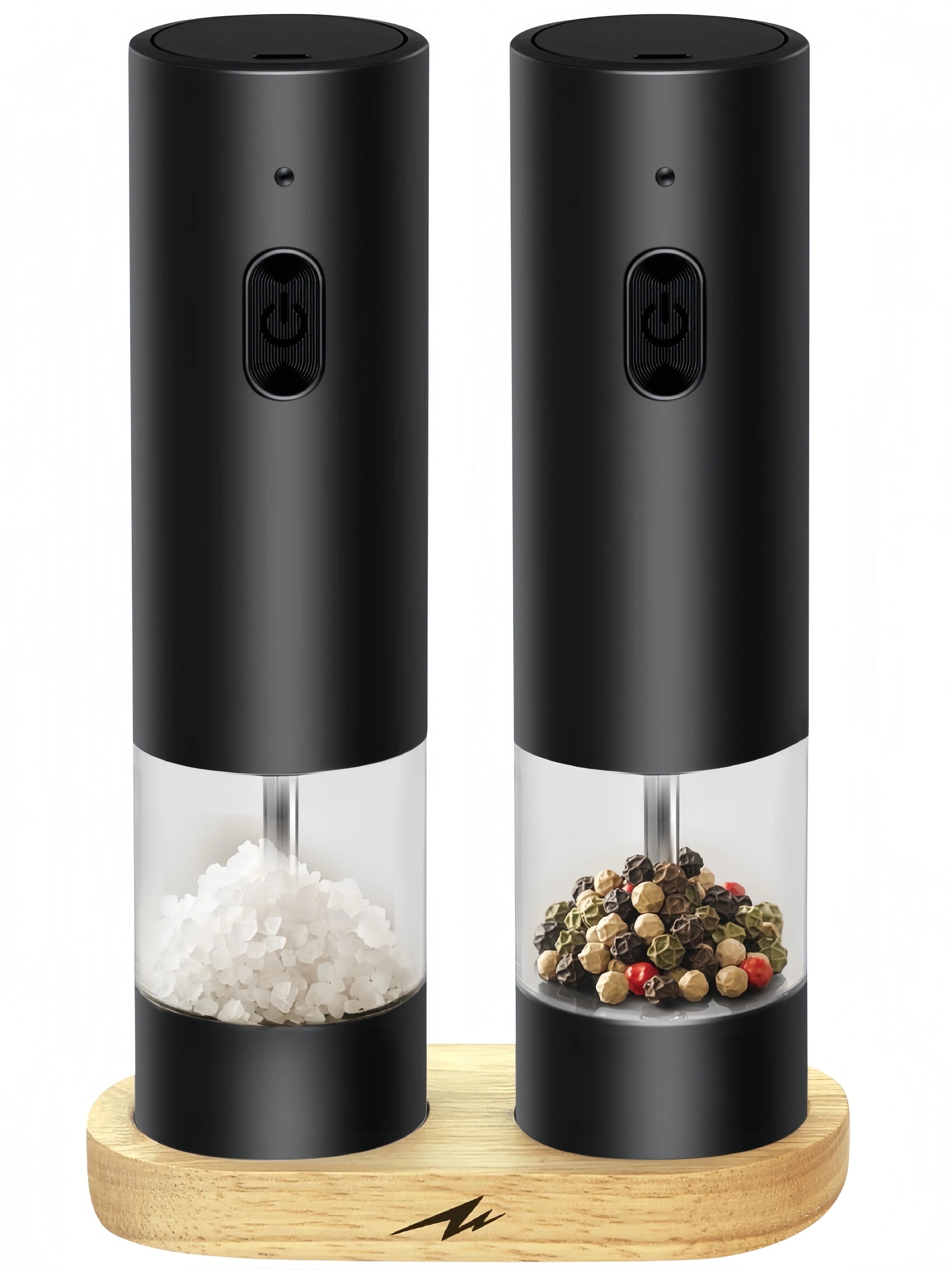Rechargeable Electric Salt&Pepper Grinder Set with Wood Base, Automatic One‑Hand Operated Spice Mill with Adjustable Coarseness