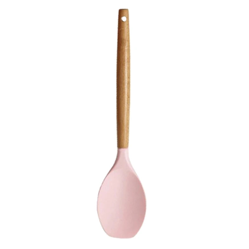 ♥Silicone Cooking Utensils with Wooden Handle – Heat-Resistant Spatula & Spoon for Non-Stick Pans