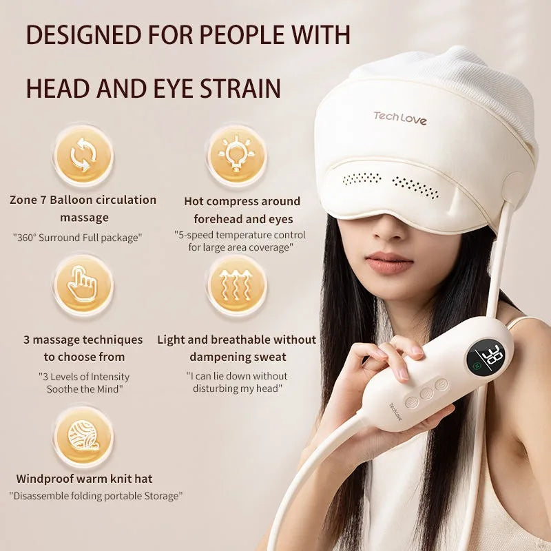 2In1 Head Eye Massager Warm Compress Heated Eye Mask Head Scalp Massage Airbag Balloon Kneading Headach Relief Sleep Aid