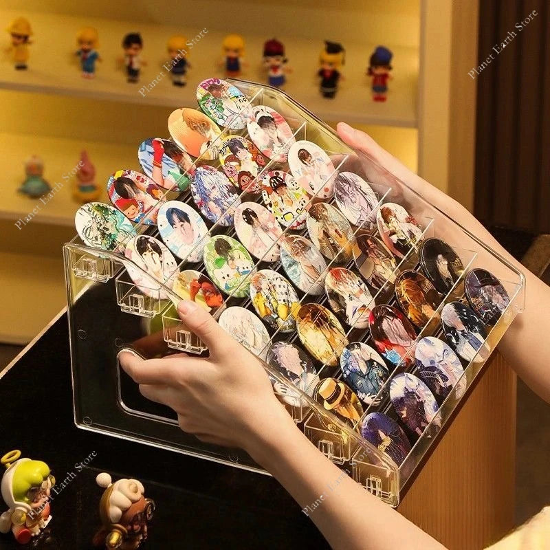 Acrylic Badge Storage Box Display Rack Stepped Display Desktop Storage Organizer for 75MM Badges Standing Signs and Peripherals