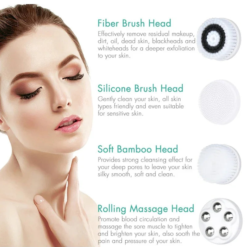 Electric Facial Cleansing Brush with 4 Face Cleaning Device 3 Modes Skincare Brush Heads Waterproof Wireless Facial Cleansing