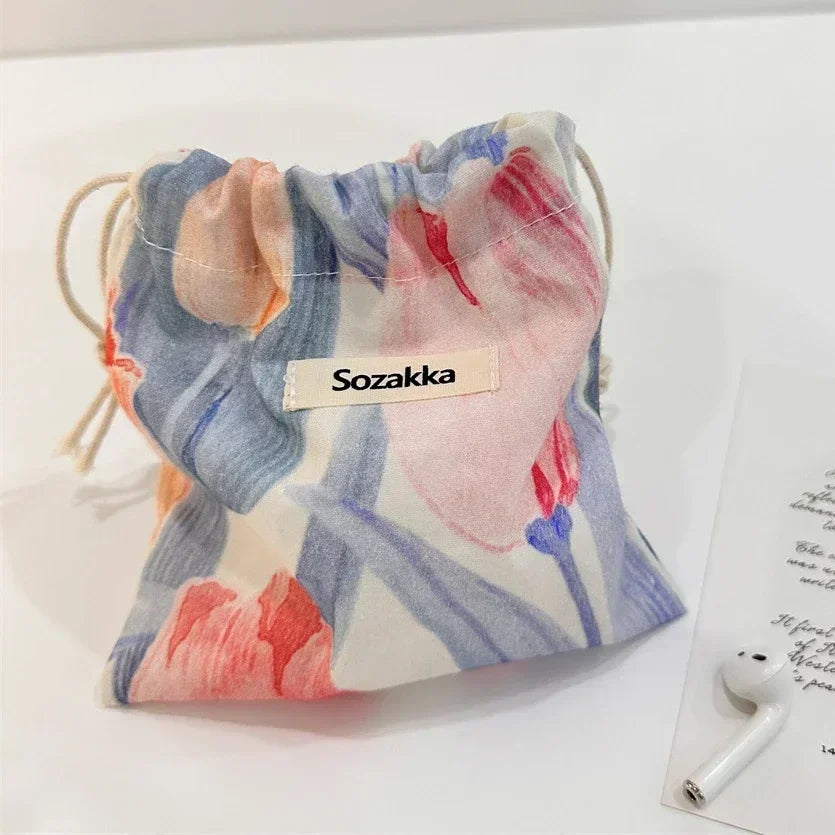 Cute Floral Drawstring Makeup Bag for Women Portable Cosmetic Organizer Pouch Candy Storage