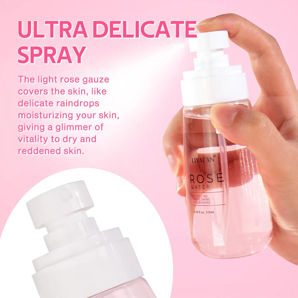 LIYALAN Rose Water Face Dry Skin Moisturizing Soothing Firming Toner Facial Care Hydrating Mist Refreshing Pores Shrink Spray