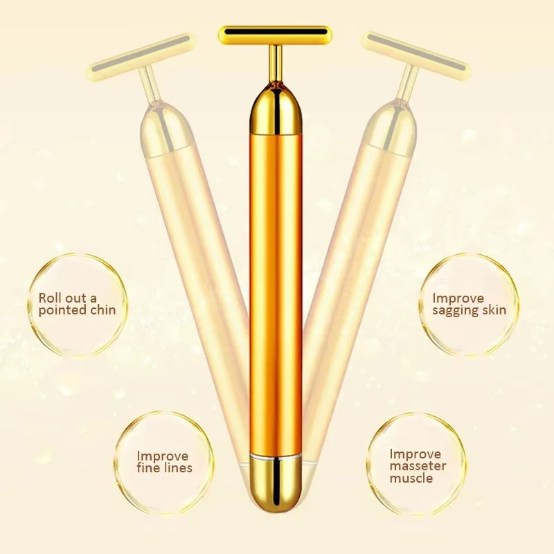 24K Gold Roller Vibrating Facial Massager Slimming Facial Skin Beauty Pulse Firming Face Massage Lift Tightening Wrinkle Bar