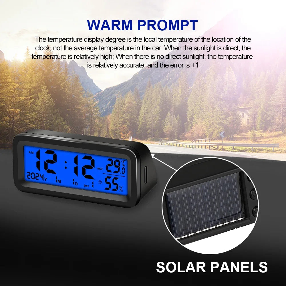 Digital Car Clock Solar/USB Powered with Date Week Temperature Humidity LCD Backlit Display Dashboard Automobile Stick-On Clock