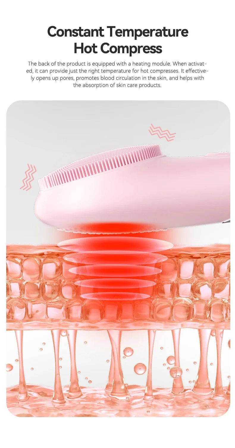 Sonic Waterproof Facial 45℃ Cleansing Brush Rechargeable Scrubber Exfoliating Vibrating Deep Clean Face Cleaner Skin Care