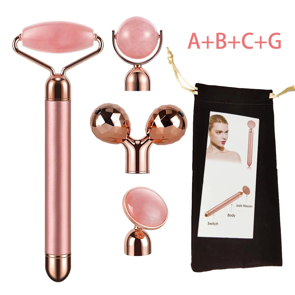 New Electric Vibrating Jade Roller Massager For Slimming Face Lifting Rose Quartz 3D Roller Stone Facial Skin Care Beauty Tool