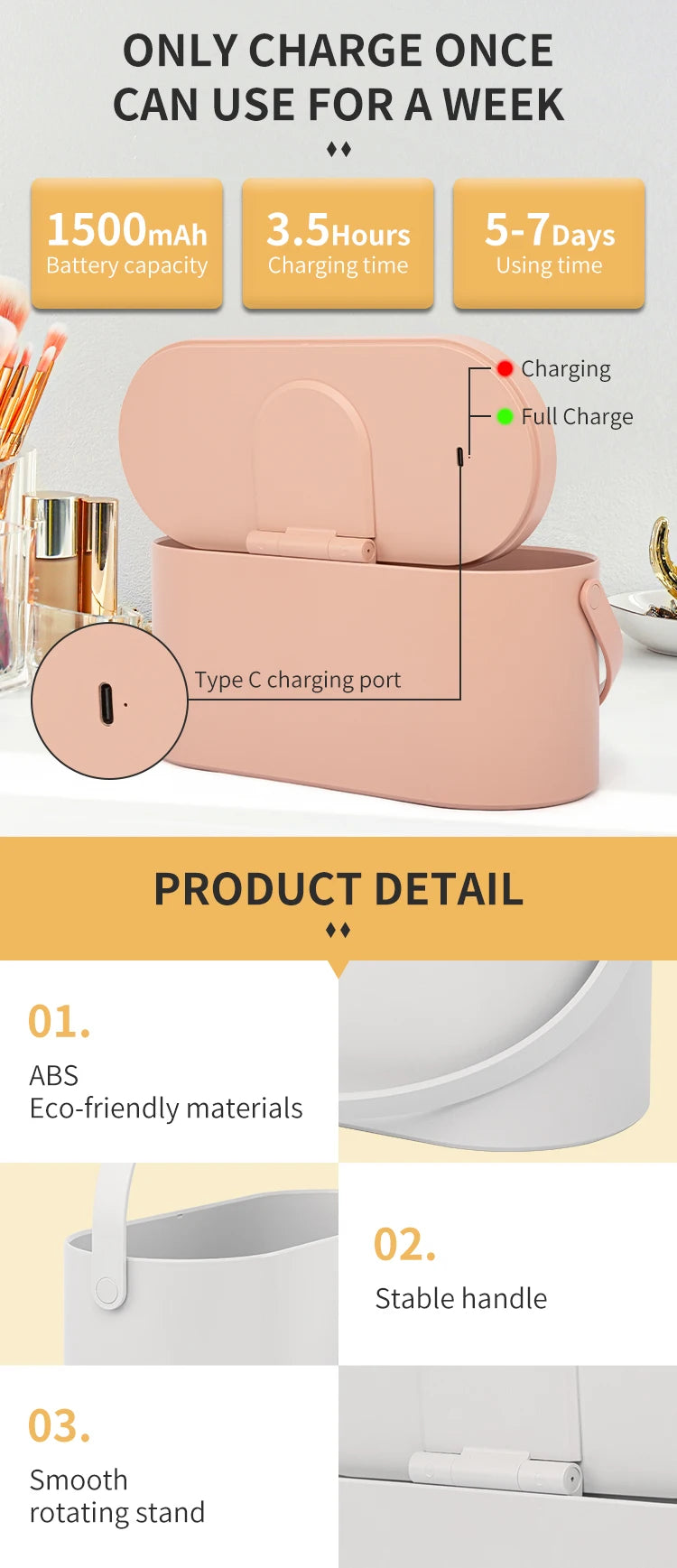 LED Makeup Mirror with Lights Portable Makeup Storage Box Waterproof Cosmetic Organizer Detachable Travel Vanity Mirror