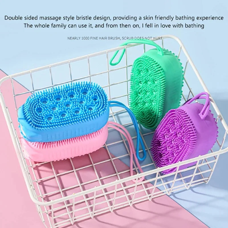 Double Side Silicone Bubble Bath Body Brush with Soap Storage Sponge Massage Scalp Scrubber Skin Clean Exfoliating