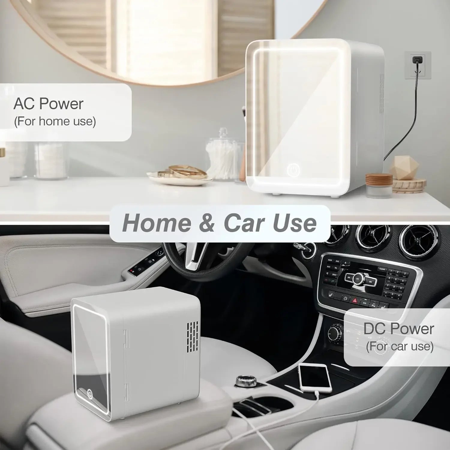 Skincare Fridge with Dimmable LED Light Mirror, 4L Makeup Mini Fridge for Bedroom, Car