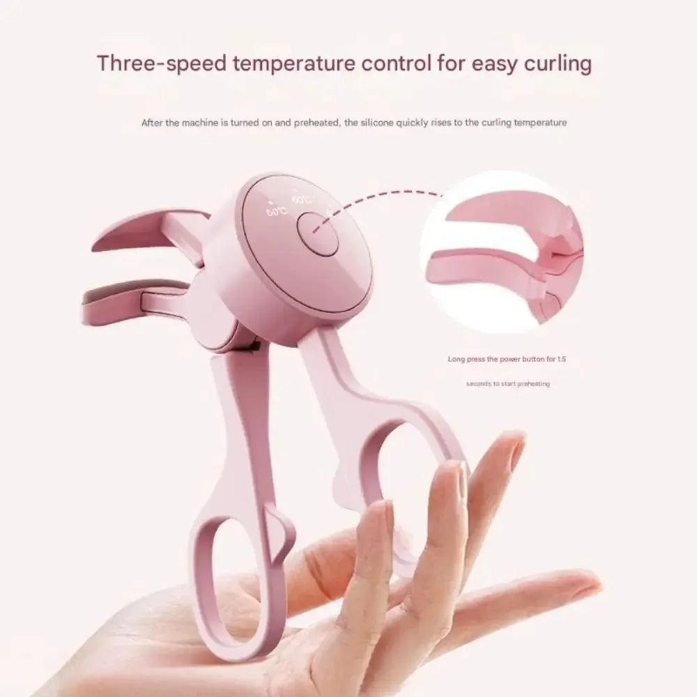 Frameless heated eyelash curler with intelligent temperature control and rechargeable design for long-lasting eyelash curling.