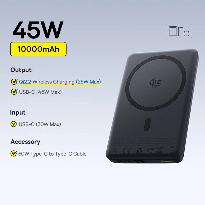 Baseus Qi2 Magnetic Power Bank 10000mah 15W Wireless Charging 22.5W Wired Charge Qi2-Certified for iPhone 16 15 14 13 12 Pro Max