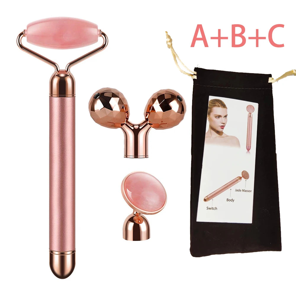 New Electric Vibrating Jade Roller Massager For Slimming Face Lifting Rose Quartz 3D Roller Stone Facial Skin Care Beauty Tool