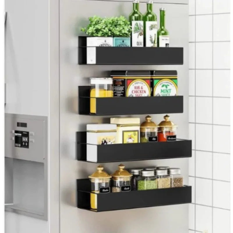 2 Pack Black Magnetic Spice Rack for Refrigerator No Drill Kitchen Fridge Shelf Organizer for Spice Food Black Jar Holder