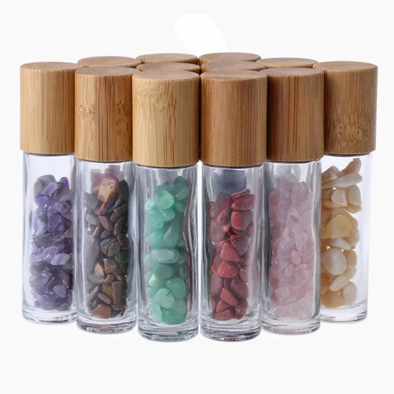 10Pcs 10ml Roll On Bottle Essential Oil Natural Jade Roller Bottles with Crystal Chip Glass Travel Refillable Bottle Containers