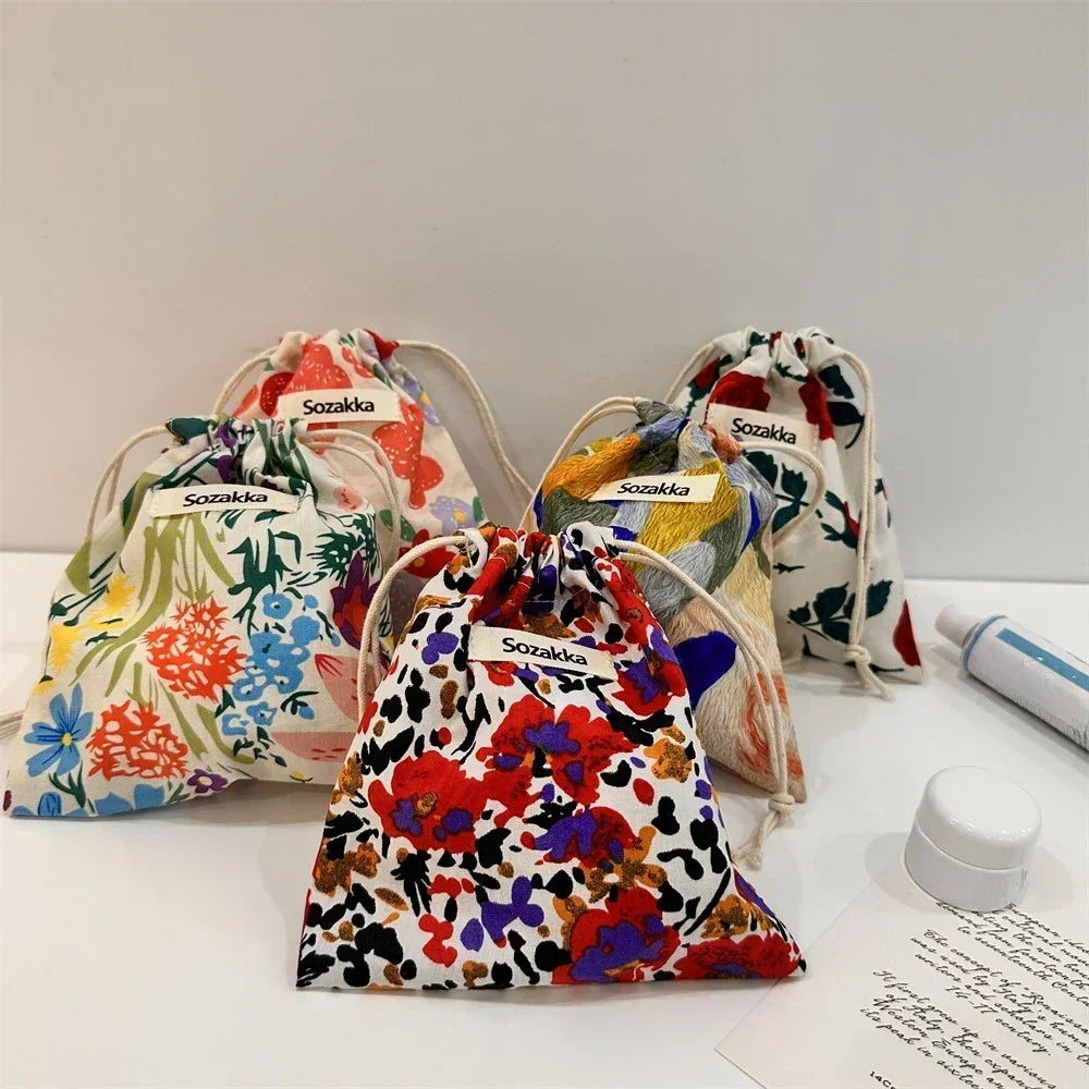 Cute Floral Drawstring Makeup Bag for Women Portable Cosmetic Organizer Pouch Candy Storage