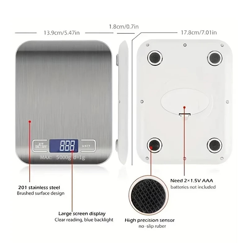 Digital Kitchen Scale with LED Display 5kg/1g Stainless Steel Electronic Weighing for Food Jewelry Snacks Baking Home Tools