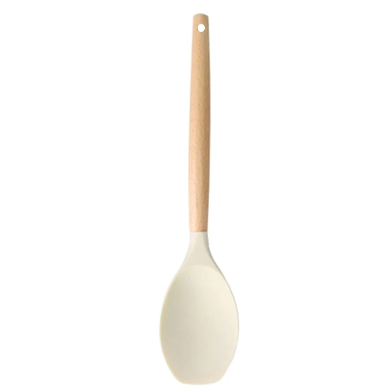 ♥Silicone Cooking Utensils with Wooden Handle – Heat-Resistant Spatula & Spoon for Non-Stick Pans