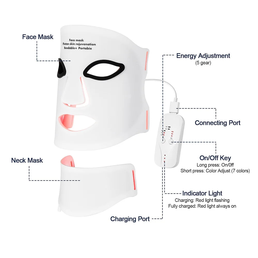 Wireless LED Face Mask with Neck 7 Colors LED Silicone Mask Photon Beauty Mask Skin Tighten Repair Skin Flexible Facial Mask