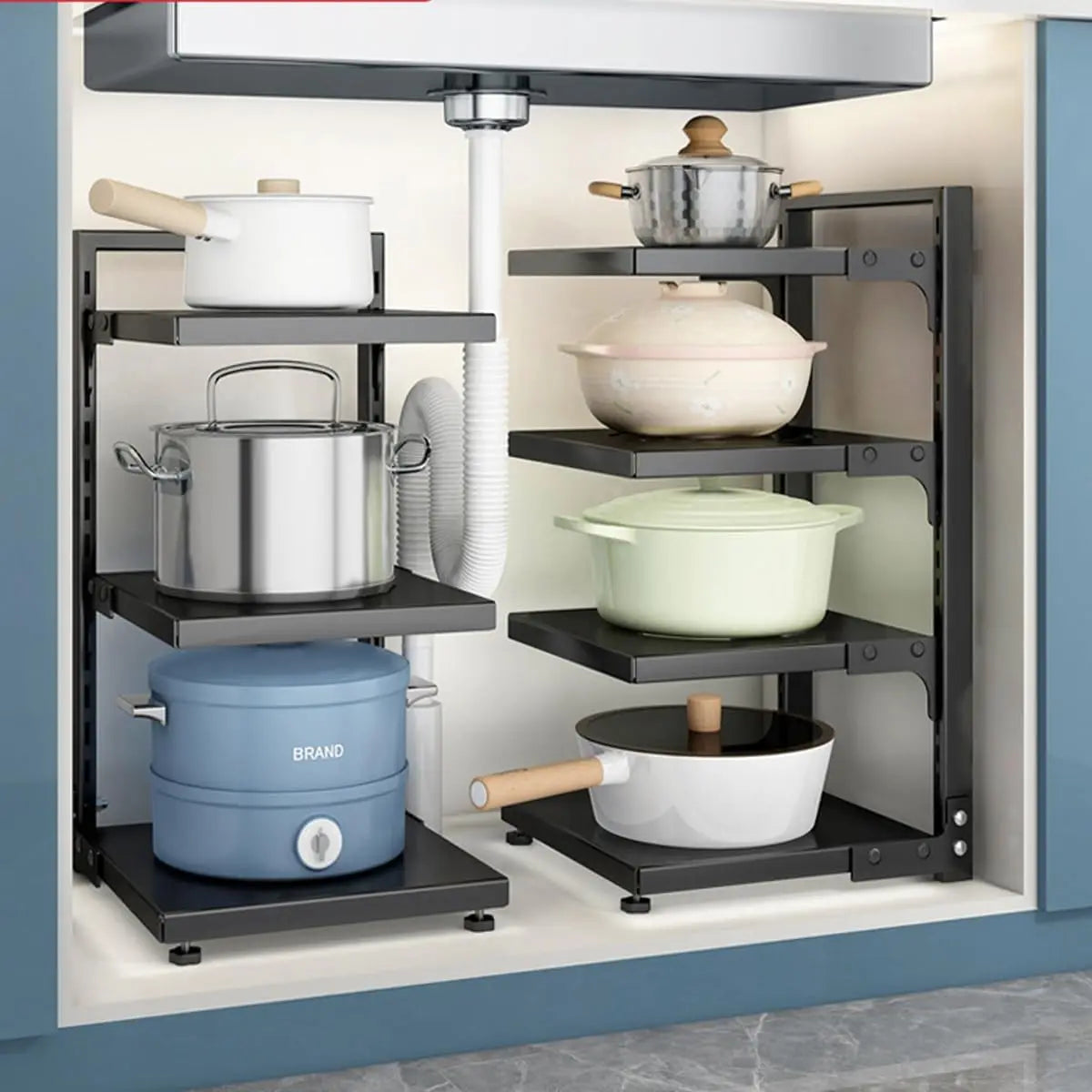 Pots and Pans Organizer for Cabinet Adjustable Rack Under Sink or Floating Shelf Heavy Duty Kitchen Storage Organizers Pot Lid