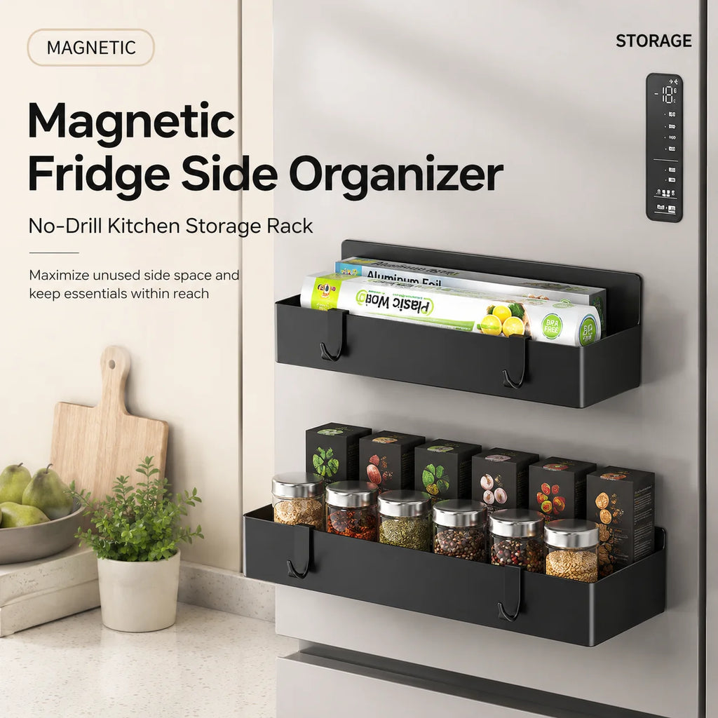 Magnetic Refrigerator Side Storage Rack ABS Wall Mounted Spice Organizer No Drill Kitchen Shelf for Fridge Laundry Bathroom