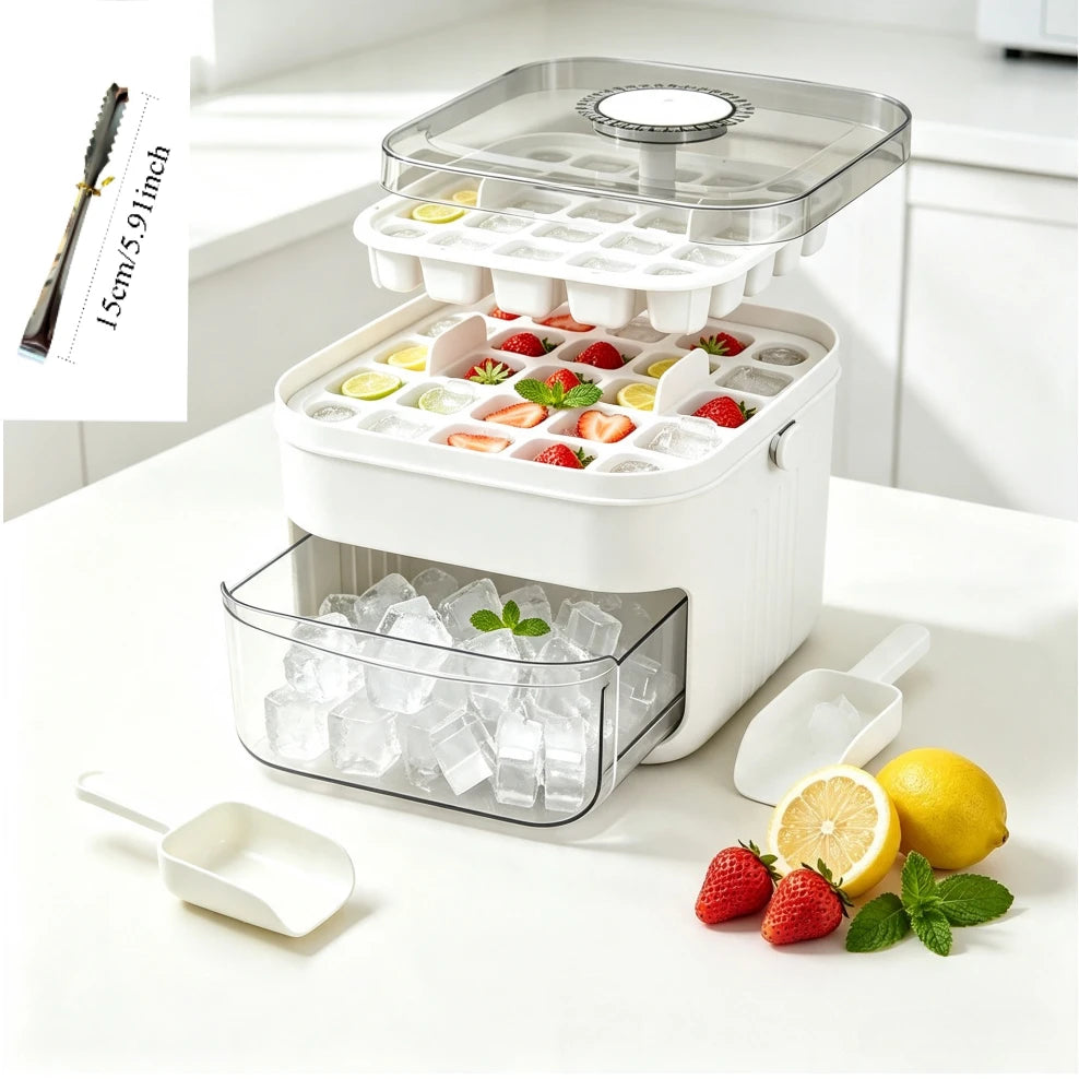 Portable Ice Cube Tray with Lid & Bin Ice Maker Double-layer Ice Cube Tray for Whiskey, Cocktail, Coffee Drinks, Beer