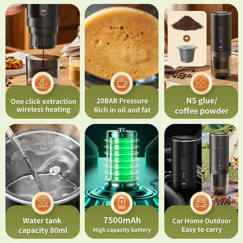 Portable Espresso Machine 20 Bar Heating Coffee Maker Wireless Rechargeable Concentrated Extraction Coffee Machine Travel Office