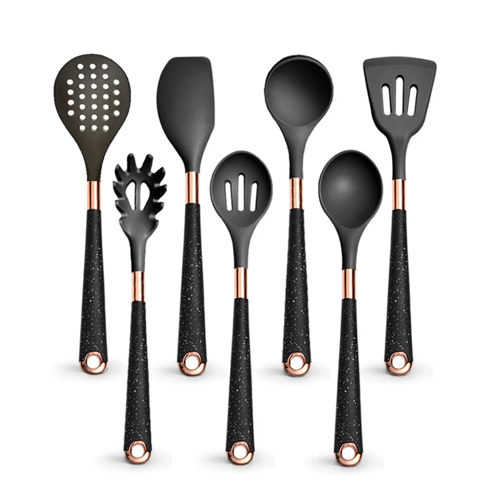 Silicone Cooking Utensils Set Kitchen Heat Resistant Rose Gold-Plated Handle Non-Stick Spatula, Spoon, Quality Gift, 5-13 Pcs
