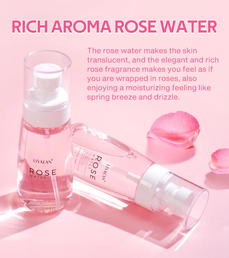 LIYALAN Rose Water Face Dry Skin Moisturizing Soothing Firming Toner Facial Care Hydrating Mist Refreshing Pores Shrink Spray