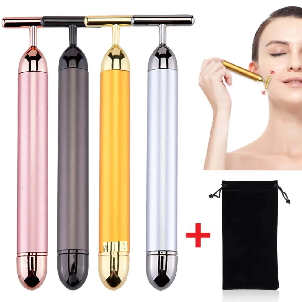 24k Gold Face Lift Bar Roller Vibration Slimming Massager Facial Stick Facial Beauty Skin Care T Shaped Vibrating Tool with Bag