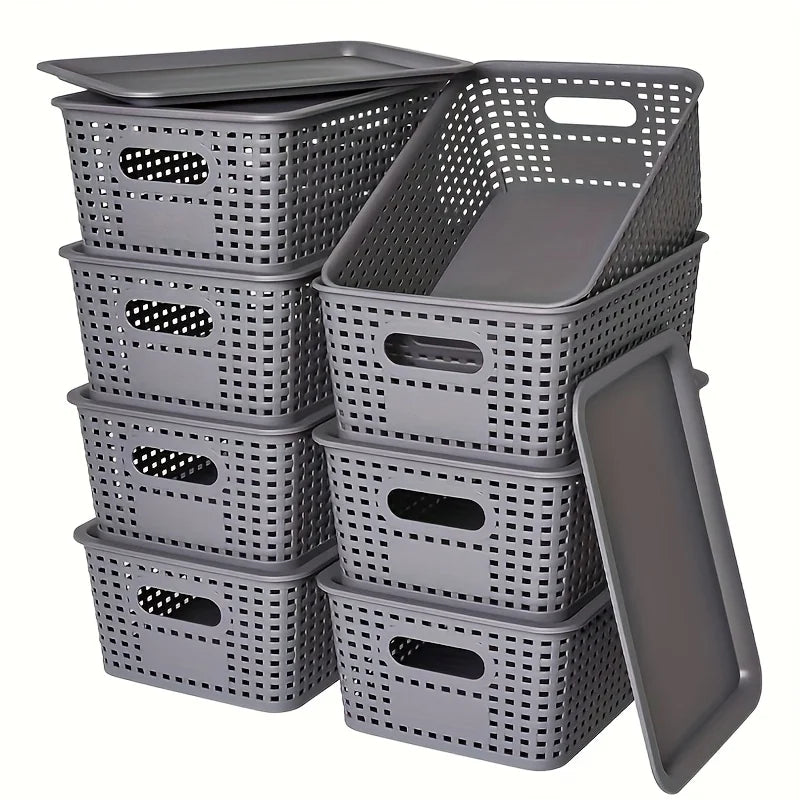 Modern Plastic Storage Baskets with Lid  Stacking, Multi-Purpose for Office Desk Bedroom Classroom Organization Container