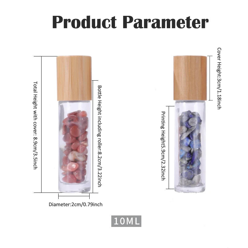 10Pcs 10ml Roll On Bottle Essential Oil Natural Jade Roller Bottles with Crystal Chip Glass Travel Refillable Bottle Containers