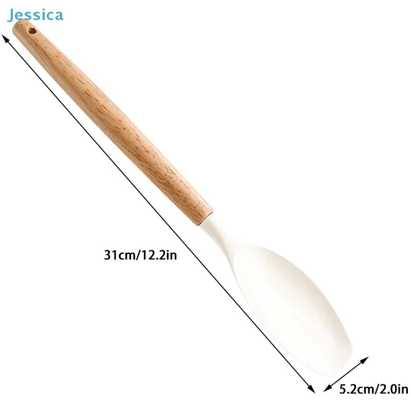 ♥Silicone Cooking Utensils with Wooden Handle – Heat-Resistant Spatula & Spoon for Non-Stick Pans