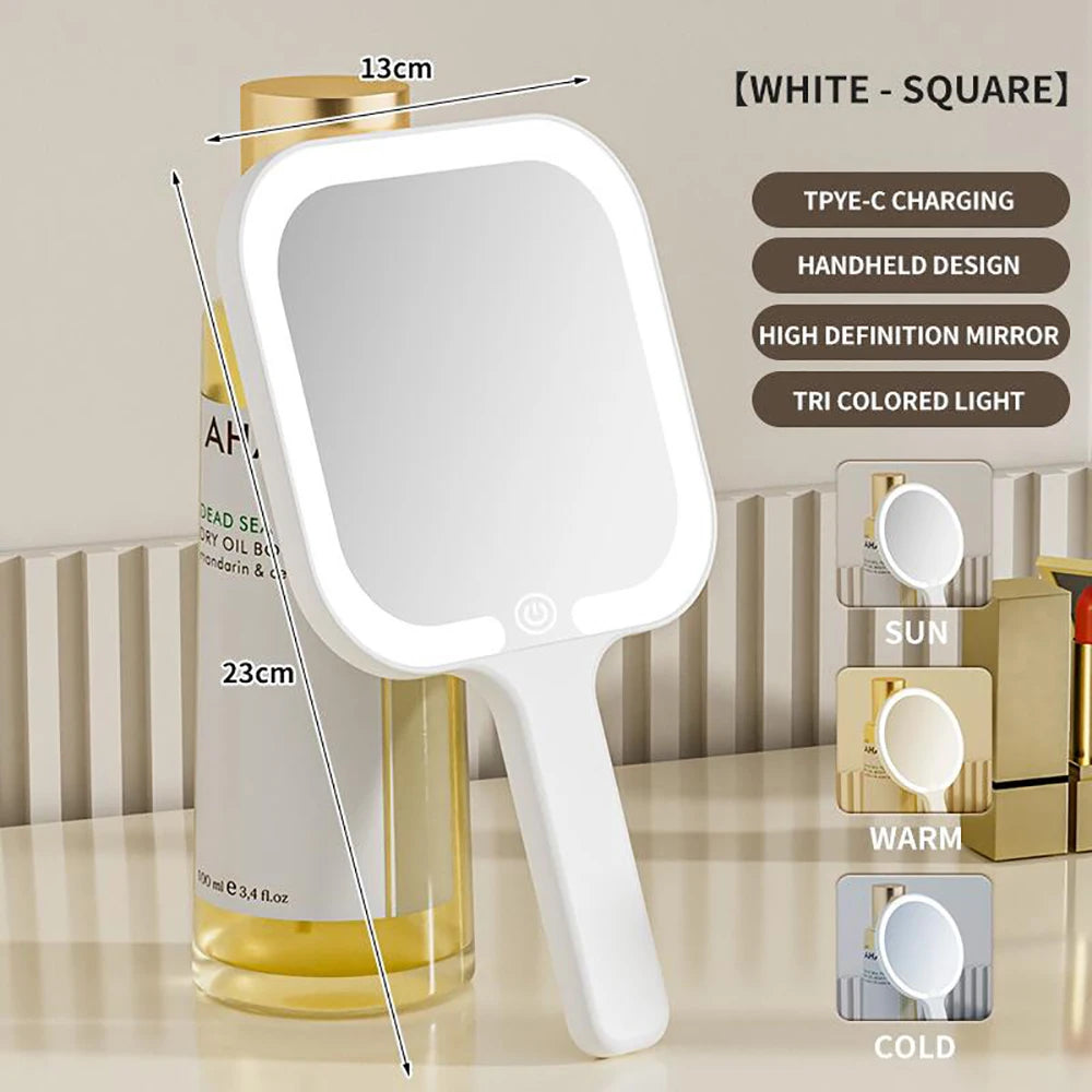 LED Smart Makeup Mirror Hand-held Carry 3 Colors Adjust Bright with Touch Screen Cosmetic Tabletop Vanty Mirror Travel Home Use