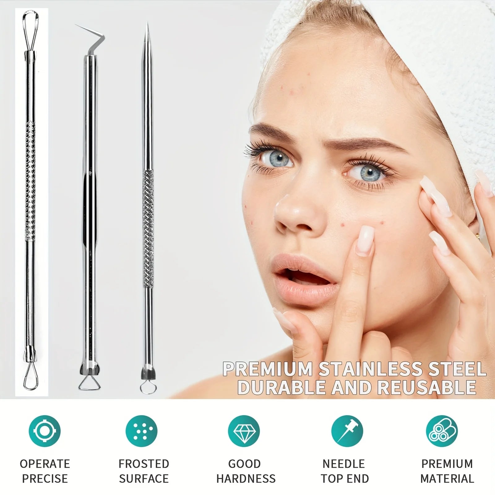 3pcs Pimple Popper Tool, Stainless Steel Pimple Extractor, Blackhead Tweezers, Comedones Extractor Acne Removal Kit for Blemish,