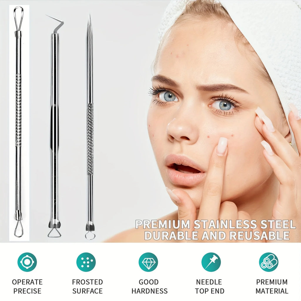 3pcs Pimple Popper Tool, Stainless Steel Pimple Extractor, Blackhead Tweezers, Comedones Extractor Acne Removal Kit for Blemish,